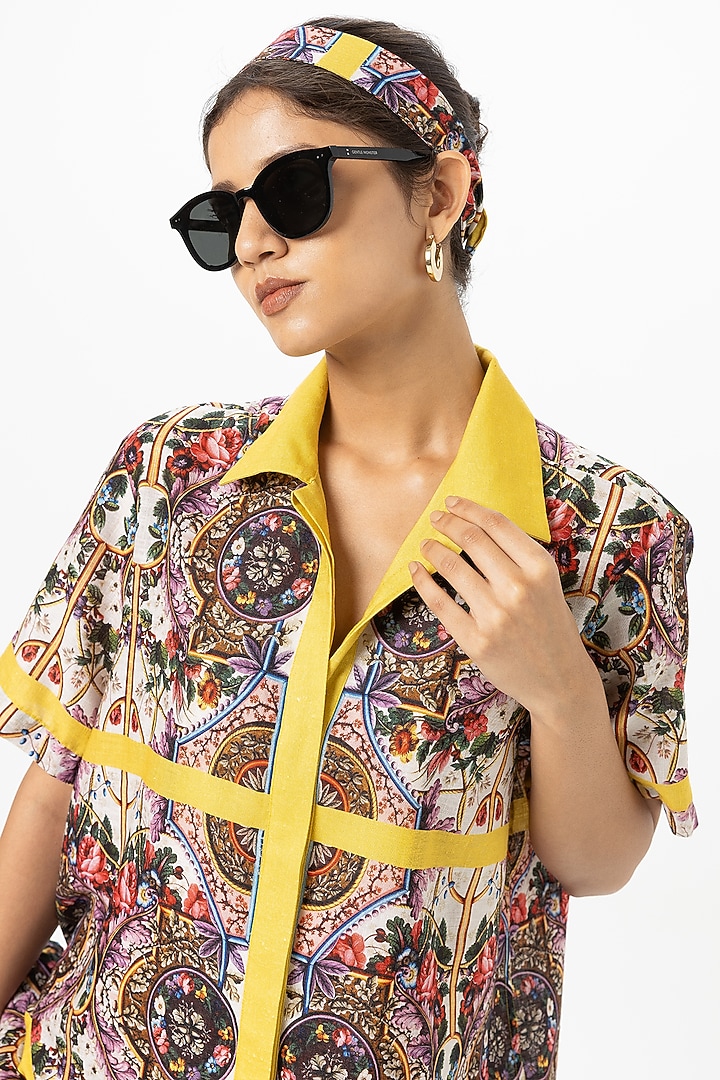 Yellow Linen Blend Rococo Printed Co-Ord Set by Sobariko at Pernia's Pop Up Shop