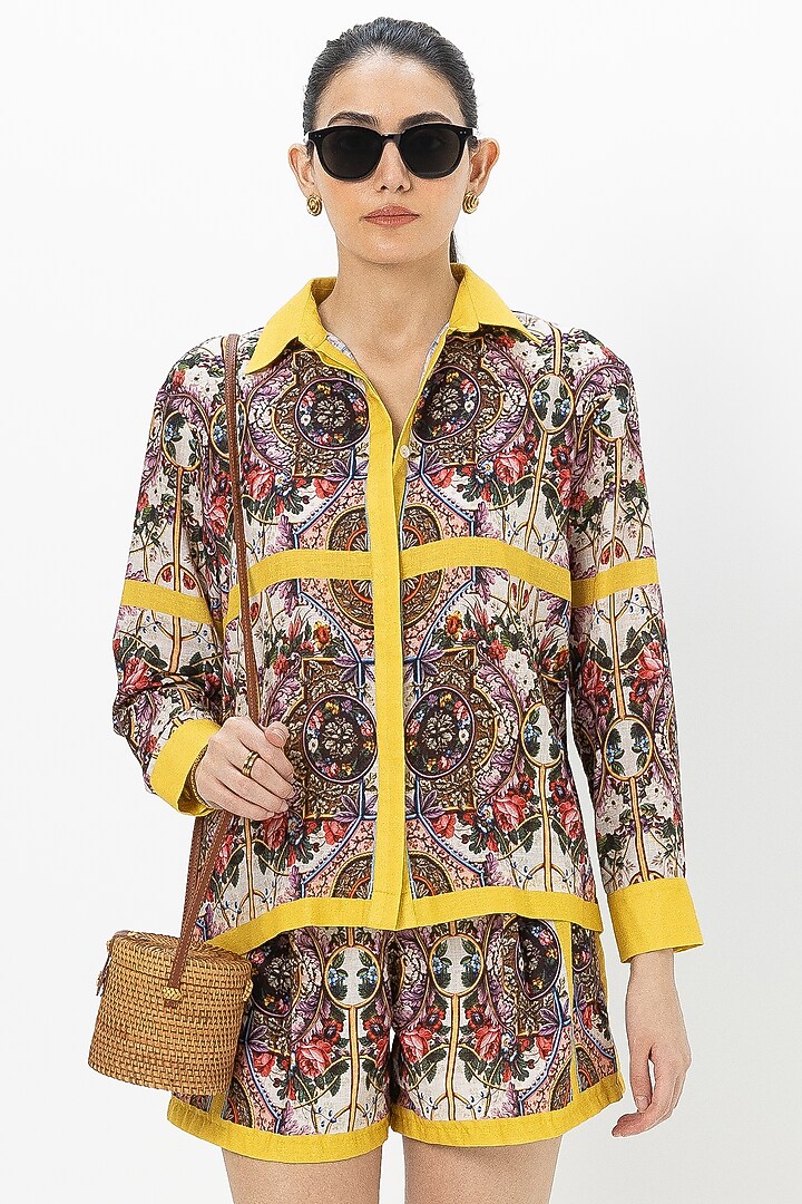 Yellow Linen Blend Rococo Printed Co-Ord Set by Sobariko at Pernia's Pop Up Shop