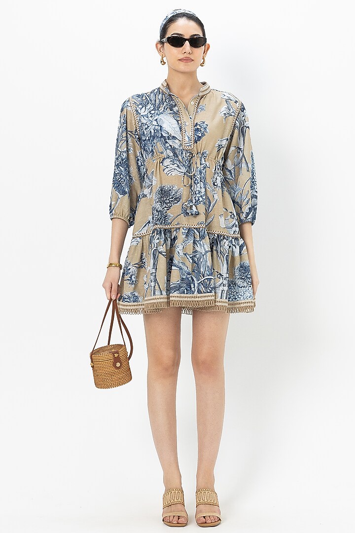 Tan Linen Blend Mini Vacation Dress by Sobariko at Pernia's Pop Up Shop