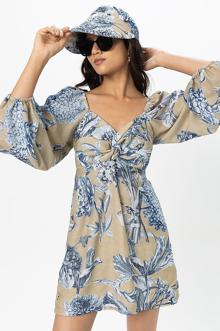 Tan Linen Blend Mini Summer Dress by Sobariko at Pernia's Pop Up Shop