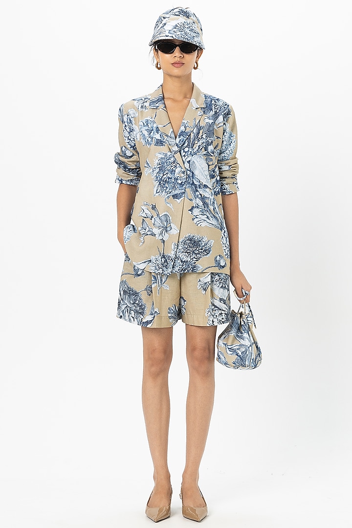 Tan Linen Blend Floral Printed Co-Ord Set by Sobariko at Pernia's Pop Up Shop