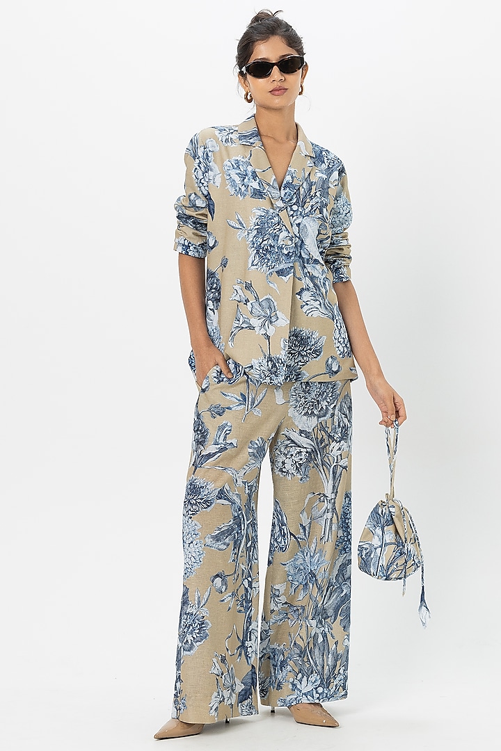 Tan Linen Blend Floral Printed Co-Ord Set by Sobariko at Pernia's Pop Up Shop