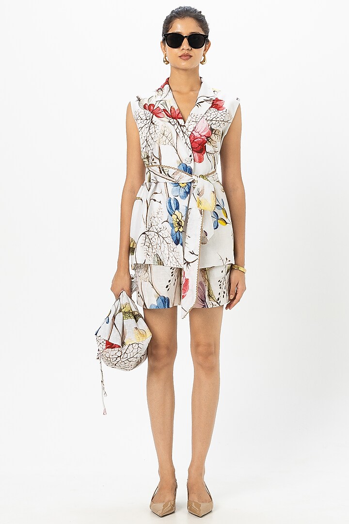 White Linen Blend Floral Printed Co-Ord Set by Sobariko at Pernia's Pop Up Shop