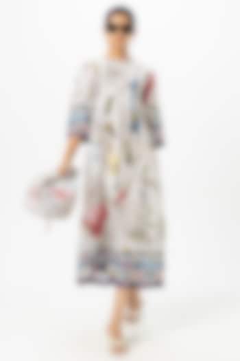 White Linen Blend Floral Printed Midi Summer Dress by Sobariko at Pernia's Pop Up Shop