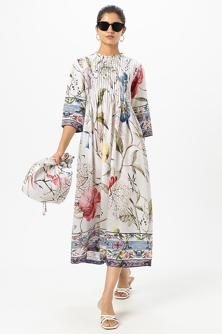 White Linen Blend Floral Printed Midi Summer Dress by Sobariko at Pernia's Pop Up Shop