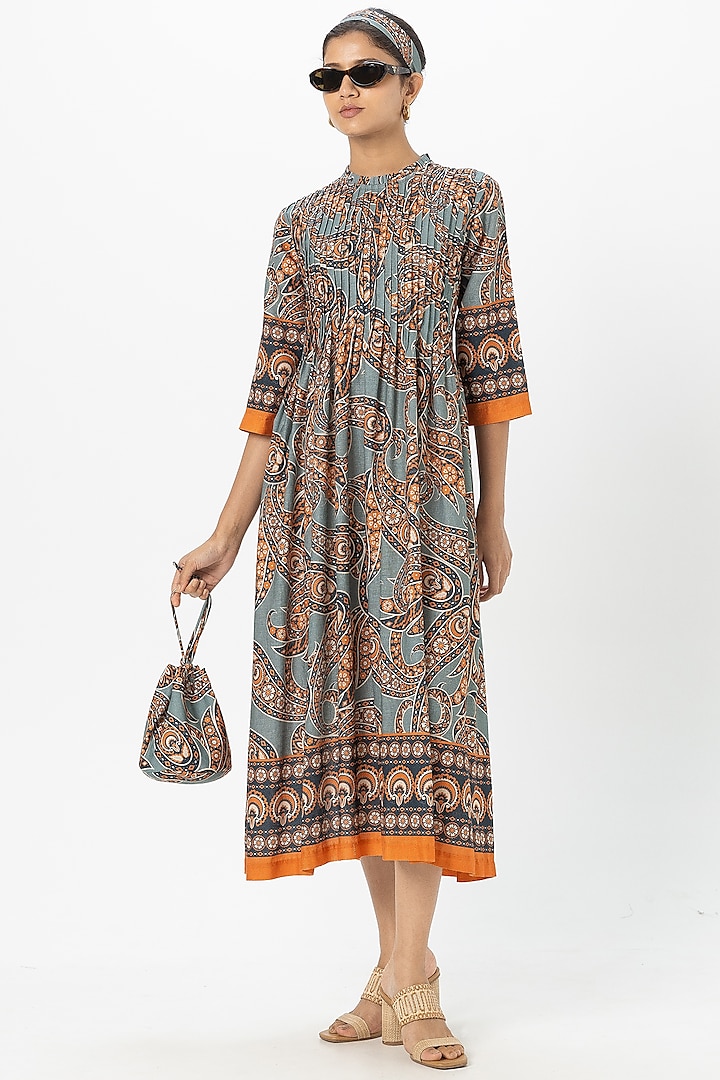 Teal Linen Blend Paisley Printed Midi Summer Dress by Sobariko at Pernia's Pop Up Shop