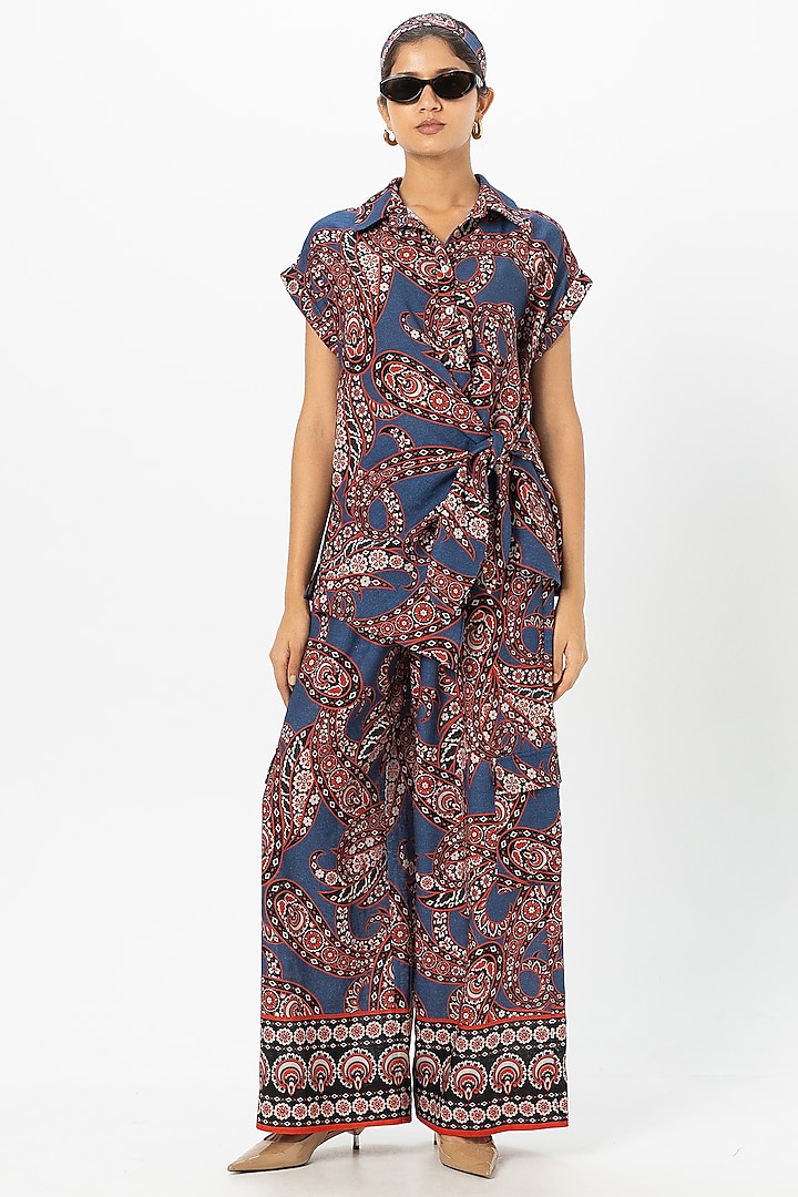 Blue Linen Blend Paisley Printed Co-Ord Set by Sobariko at Pernia's Pop Up Shop
