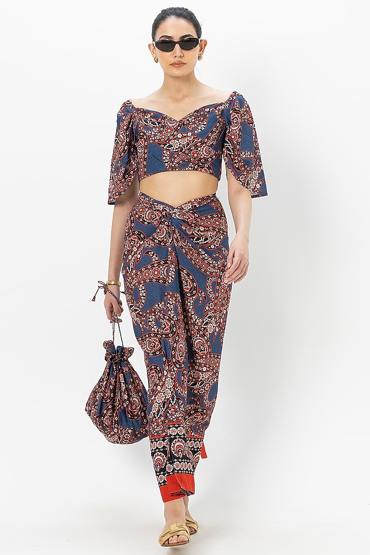 Blue Linen Blend Paisley Printed Co-Ord Set by Sobariko at Pernia's Pop Up Shop