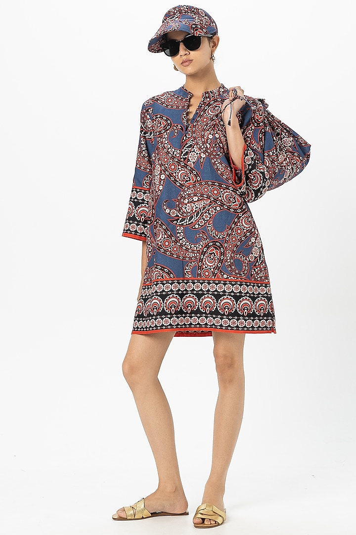 Blue Linen Blend Paisley Printed Mini Summer Dress by Sobariko at Pernia's Pop Up Shop