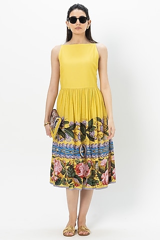Yellow Linen Blend Floral Printed Strappy Midi Dress by Sobariko