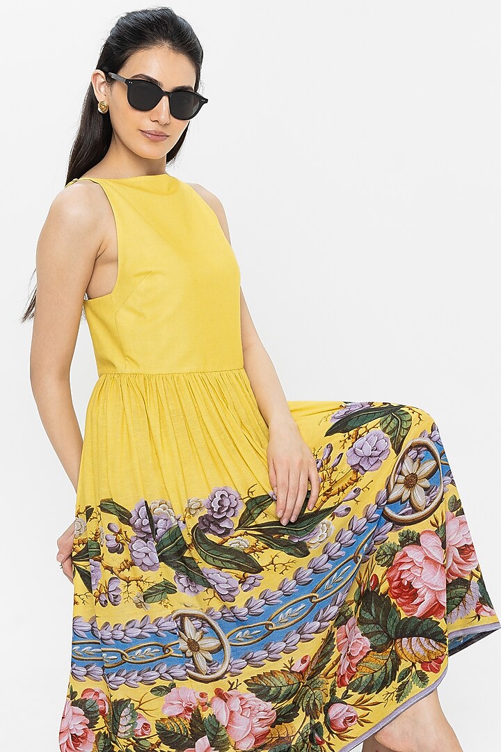 Yellow Linen Blend Floral Printed Strappy Midi Summer Dress by Sobariko at Pernia's Pop Up Shop