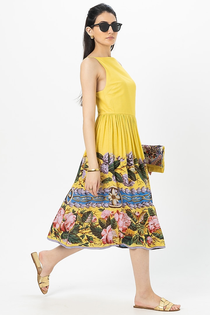 Yellow Linen Blend Floral Printed Strappy Midi Summer Dress by Sobariko at Pernia's Pop Up Shop