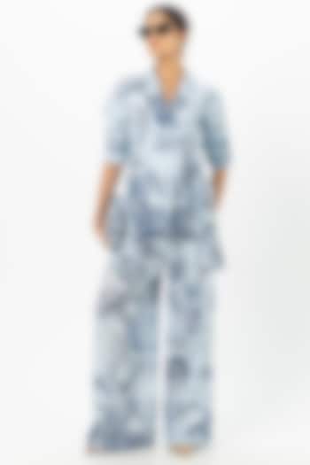 Blue Linen Blend Floral Printed Co-Ord Set by Sobariko at Pernia's Pop Up Shop