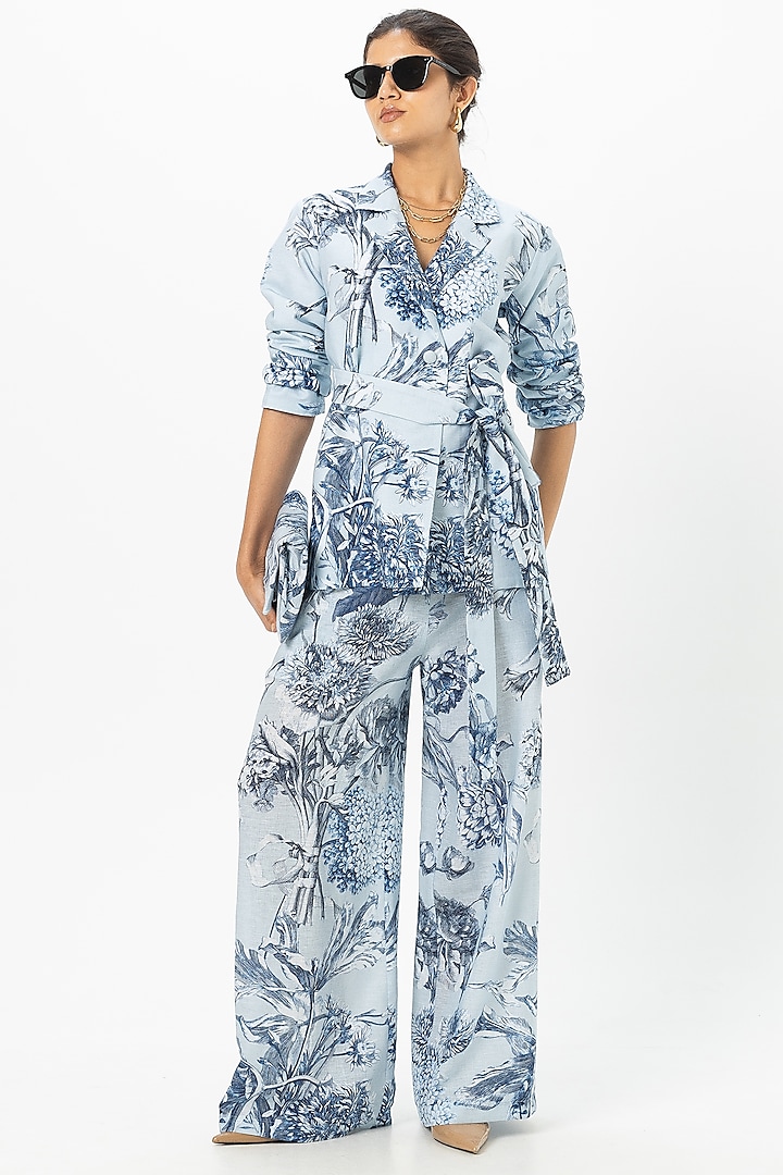 Blue Linen Blend Floral Printed Co-Ord Set by Sobariko at Pernia's Pop Up Shop