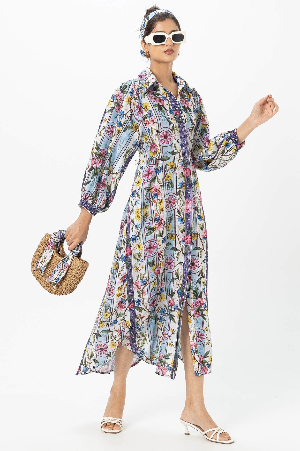 chinese dress ladies Ava Linen Blend Midi Dress-Blue Tropical Safari Placement