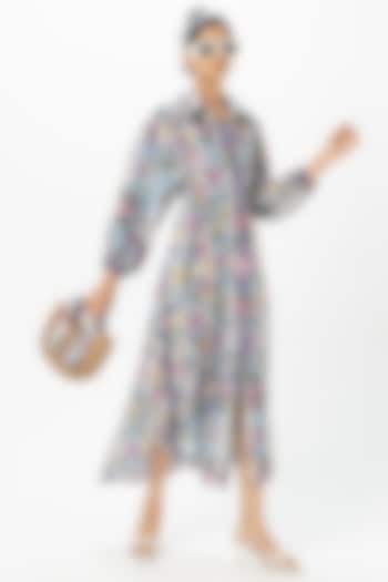 Blue Linen Blend Floral Stripe Printed Midi Summer Dress by Sobariko at Pernia's Pop Up Shop