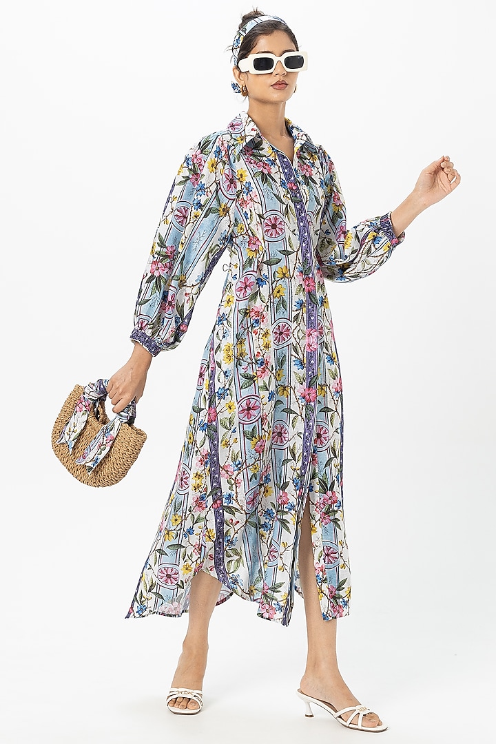 Blue Linen Blend Floral Stripe Printed Midi Summer Dress by Sobariko at Pernia's Pop Up Shop