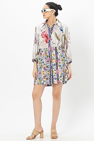 White Linen Blend Floral Mini Dress by Sobariko