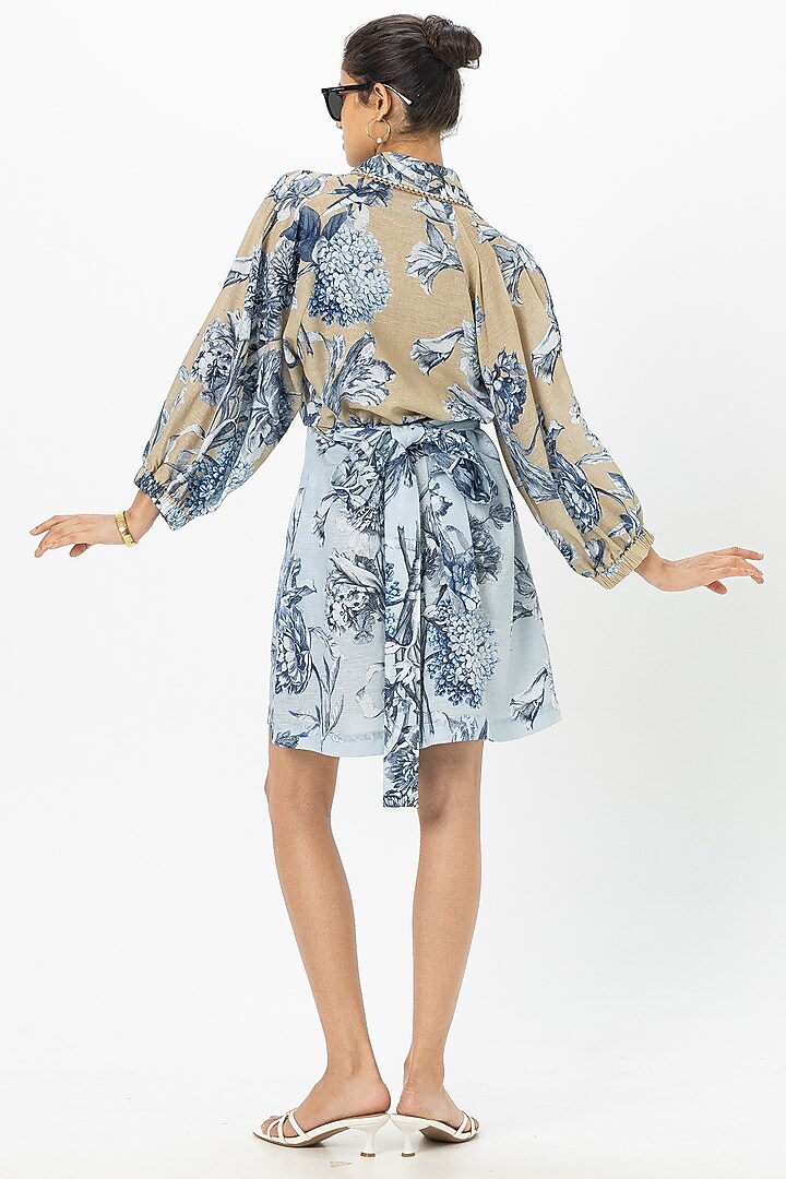 Blue Linen Blend Floral Mini Summer Dress by Sobariko at Pernia's Pop Up Shop