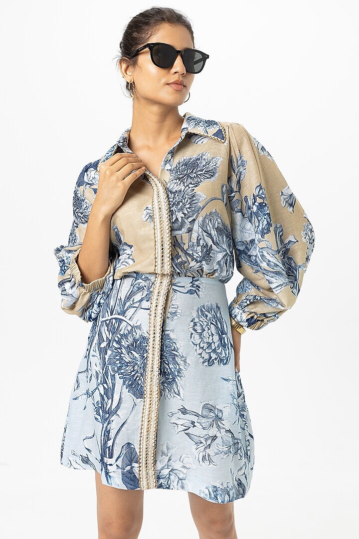 Blue Linen Blend Floral Mini Summer Dress by Sobariko at Pernia's Pop Up Shop