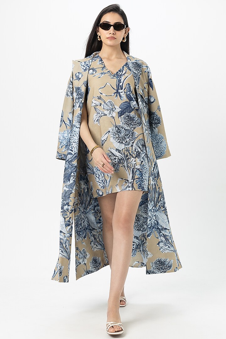 Tan Linen Blend Floral Printed Mini Vacation Dress With Jacket by Sobariko at Pernia's Pop Up Shop