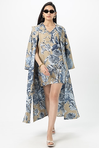 Tan Linen Blend Floral Printed Mini Dress With Jacket by Sobariko