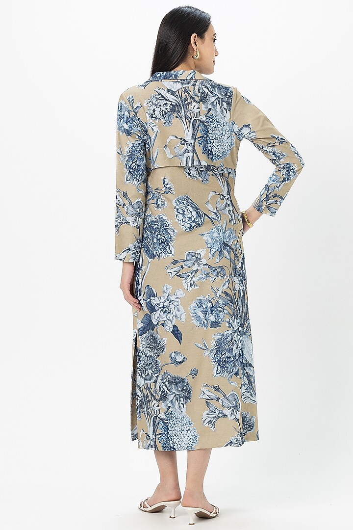 Tan Linen Blend Floral Printed Mini Vacation Dress With Jacket by Sobariko at Pernia's Pop Up Shop