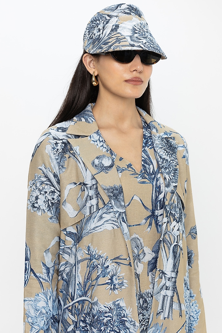 Tan Linen Blend Floral Printed Mini Vacation Dress With Jacket by Sobariko at Pernia's Pop Up Shop