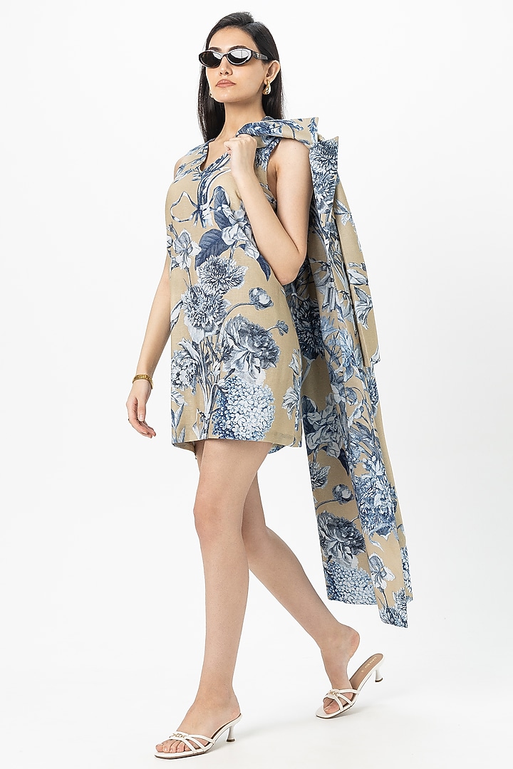 Tan Linen Blend Floral Printed Mini Vacation Dress With Jacket by Sobariko at Pernia's Pop Up Shop