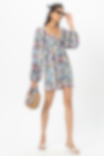 Blue Linen Blend Printed Mini Summer Dress by Sobariko at Pernia's Pop Up Shop