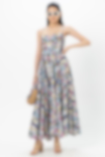 Blue Linen Blend Stripe Floral Printed Strappy Midi Vacation Dress by Sobariko at Pernia's Pop Up Shop