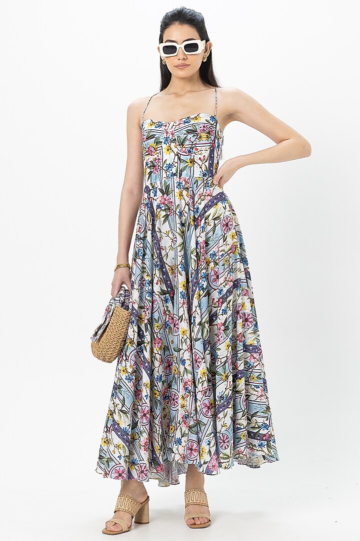 Blue Linen Blend Stripe Floral Printed Strappy Midi Vacation Dress by Sobariko at Pernia's Pop Up Shop