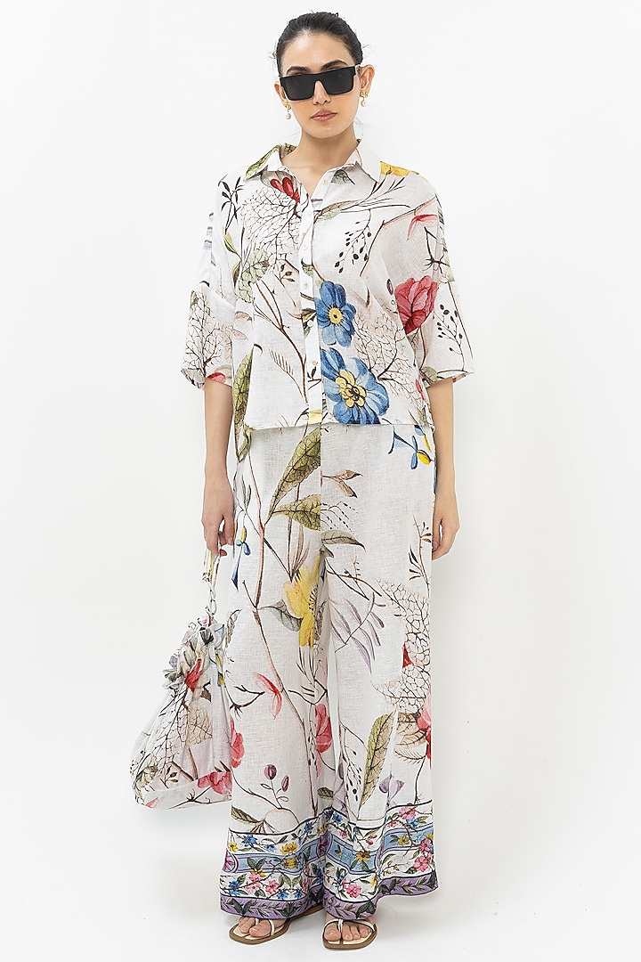 White Linen Blend Floral Co-Ord Set by Sobariko at Pernia's Pop Up Shop