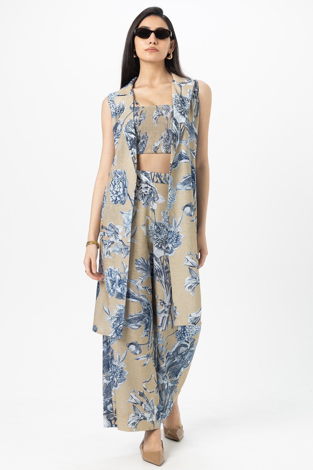 Tan Linen Blend Printed Co-Ord Set by Sobariko at Pernia's Pop Up Shop