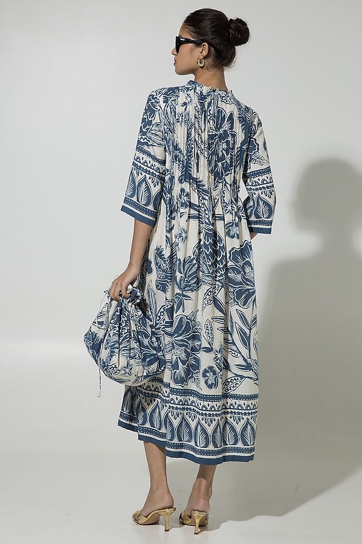 Blue Linen Floral Printed Midi Summer Dress by Sobariko at Pernia's Pop Up Shop