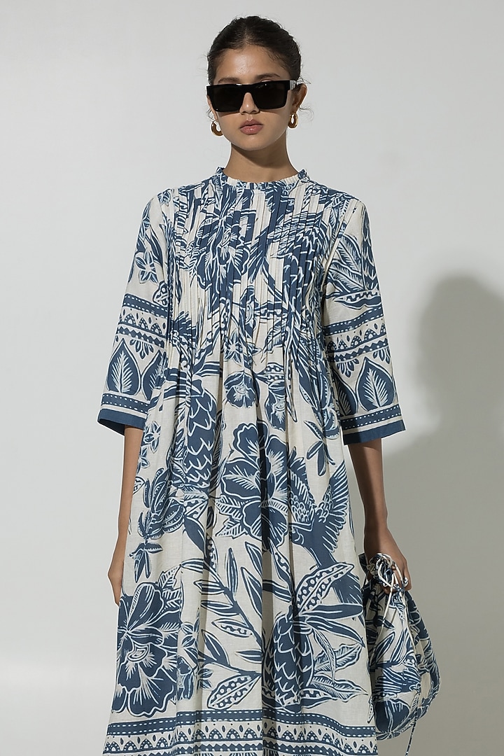 Blue Linen Floral Printed Midi Summer Dress by Sobariko at Pernia's Pop Up Shop