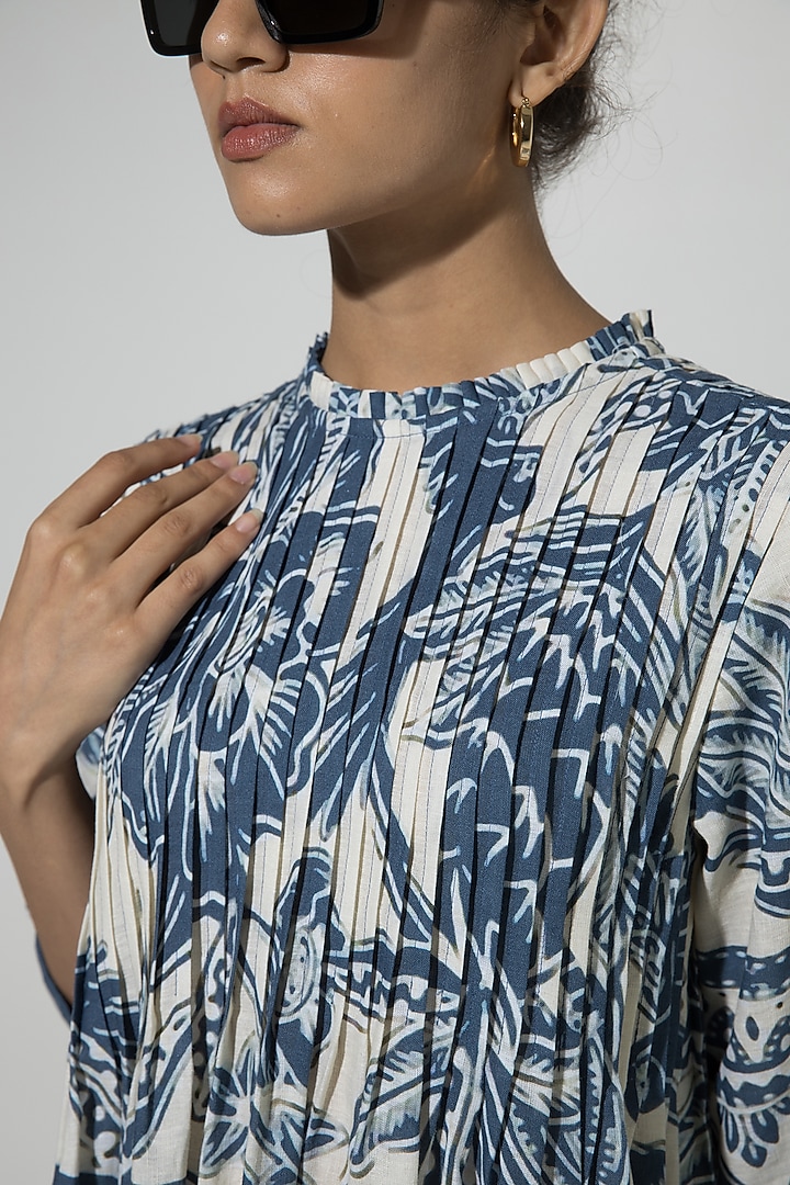 Blue Linen Floral Printed Midi Summer Dress by Sobariko at Pernia's Pop Up Shop