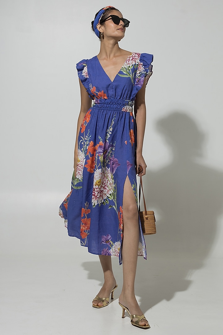 Blue Linen Floral Printed Ruffled Dress by Sobariko at Pernia's Pop Up Shop