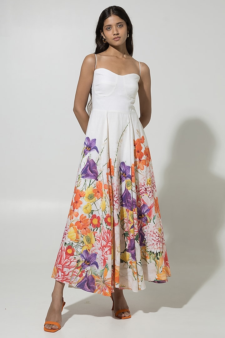 White Linen Floral Strappy Maxi Dress by Sobariko at Pernia's Pop Up Shop