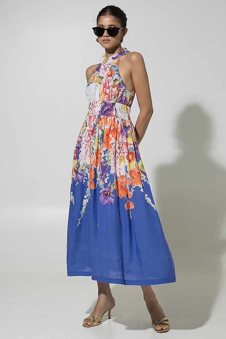 Blue Linen Floral Printed Maxi Dress by Sobariko at Pernia's Pop Up Shop