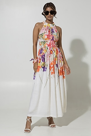Ivory Linen Floral Printed Maxi Dress by Sobariko
