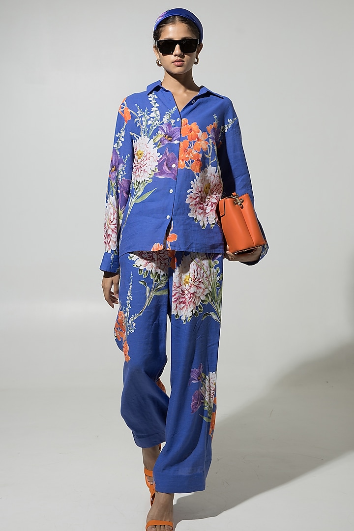 Blue Linen Floral Printed Co-Ord Set by Sobariko at Pernia's Pop Up Shop