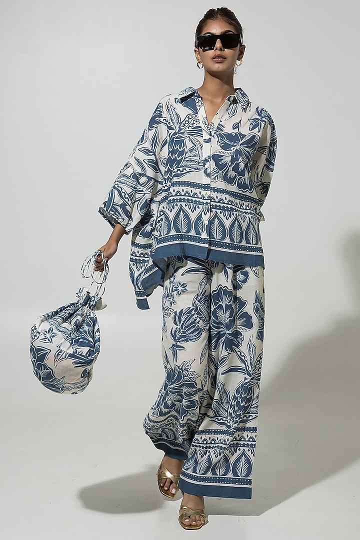 Blue Linen Printed CO-Ord Set by Sobariko at Pernia's Pop Up Shop