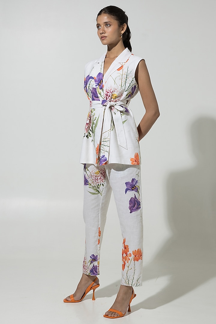 White Linen Floral Printed Jacket Set by Sobariko at Pernia's Pop Up Shop