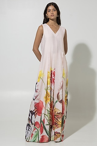 Peach Linen Floral Printed Jumpsuit by Sobariko