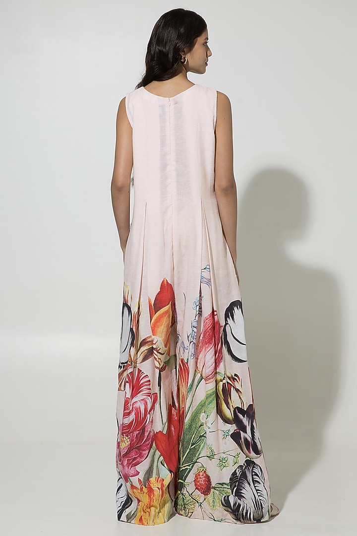 Peach Linen Floral Printed Jumpsuit by Sobariko at Pernia's Pop Up Shop