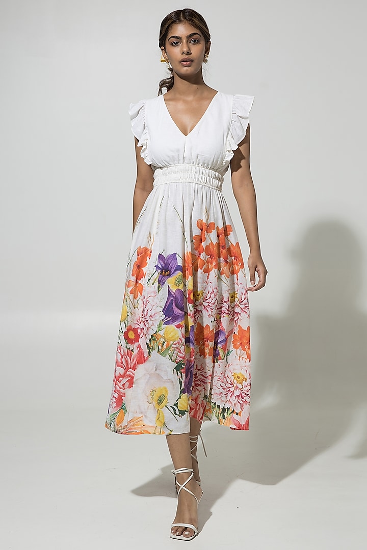 White Linen Floral Ruffled Dress by Sobariko at Pernia's Pop Up Shop