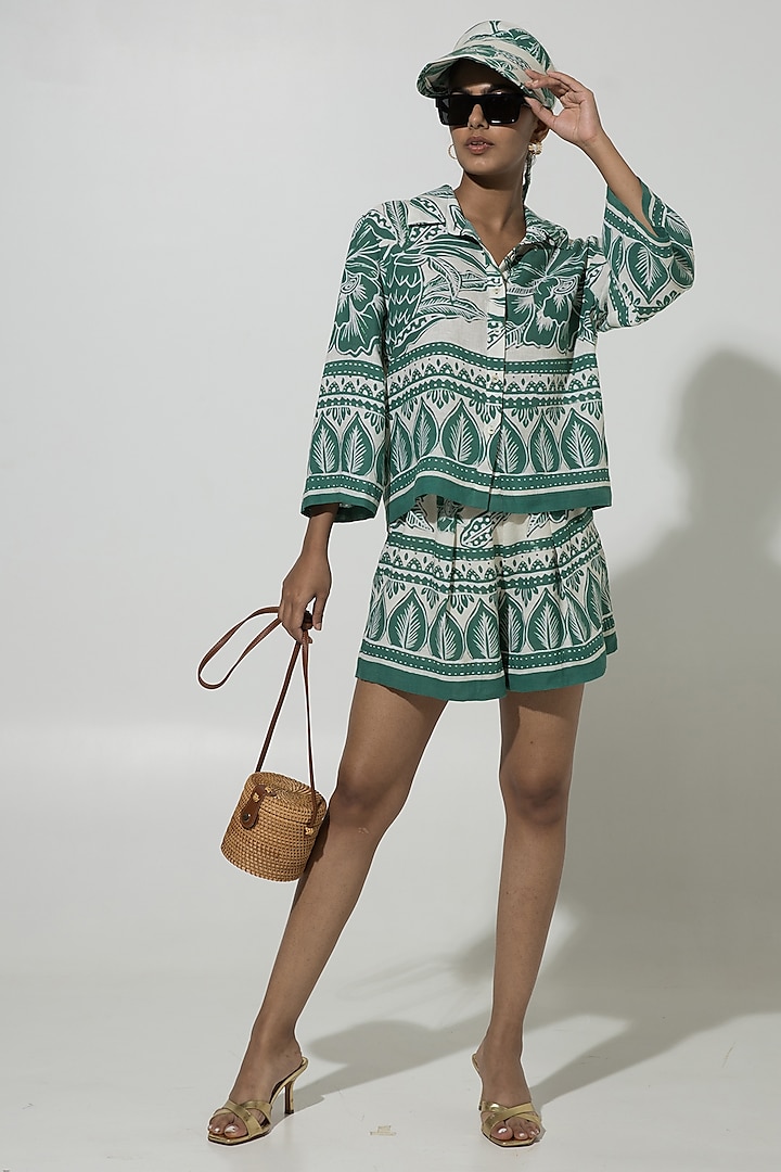 Green Linen Floral Printed Co-Ord Set by Sobariko at Pernia's Pop Up Shop