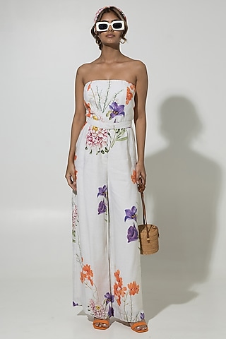 White Linen Printed Jumpsuit by Sobariko