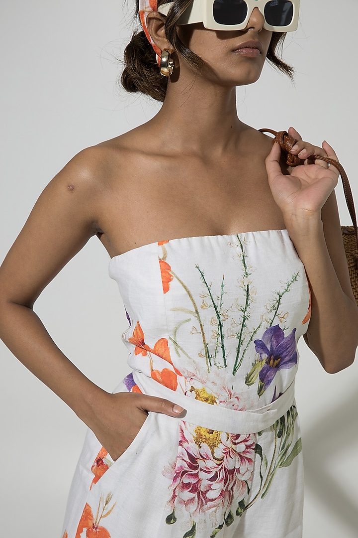 White Linen Printed Jumpsuit by Sobariko at Pernia's Pop Up Shop